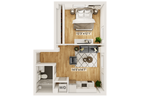 Floor plan for 1 bed, 1 bath, 481 sqft